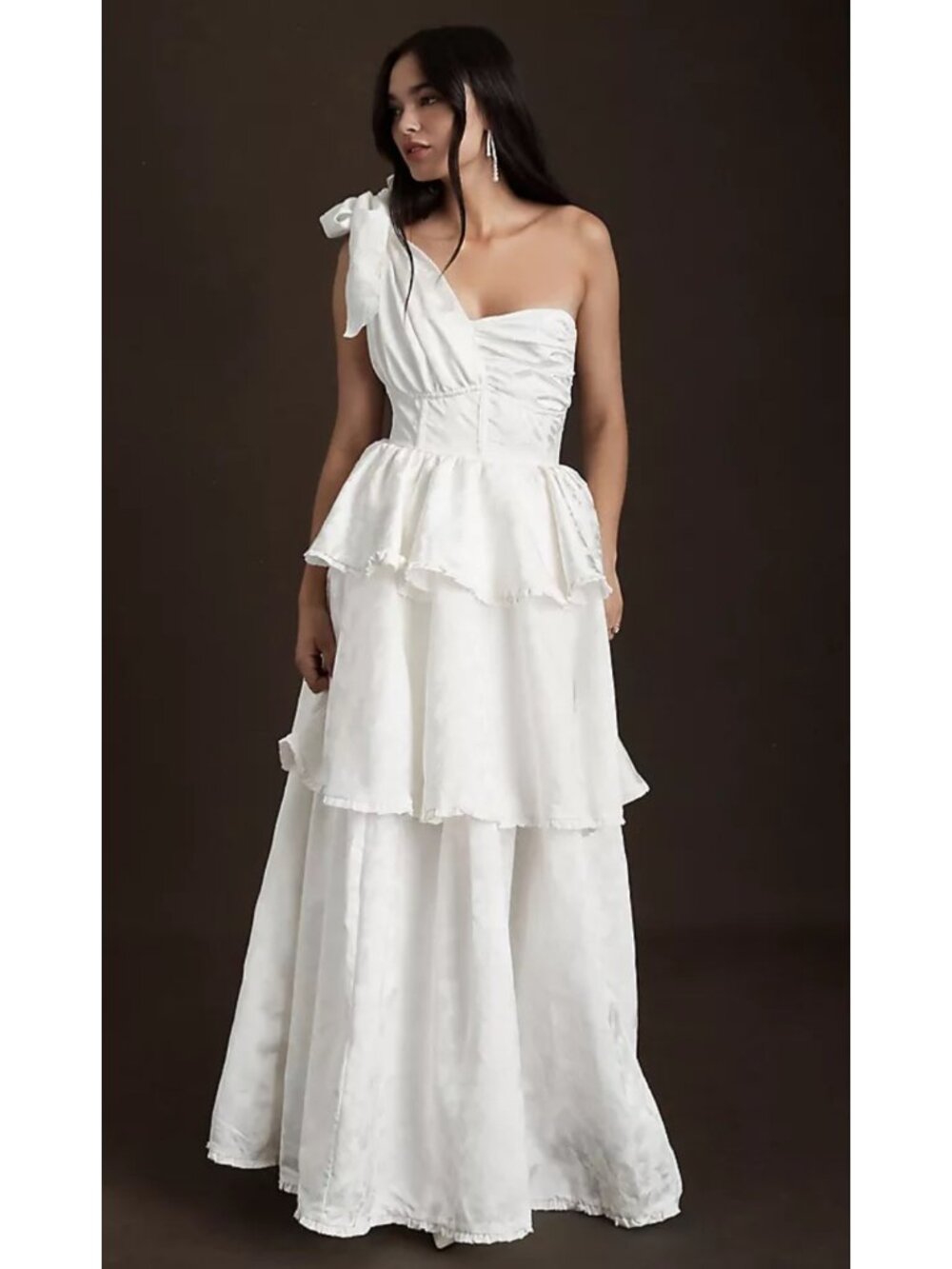 NWT V. Chapman Grace One-Shoulder Tiered Floral Satin Gown in Vanilla Macaron